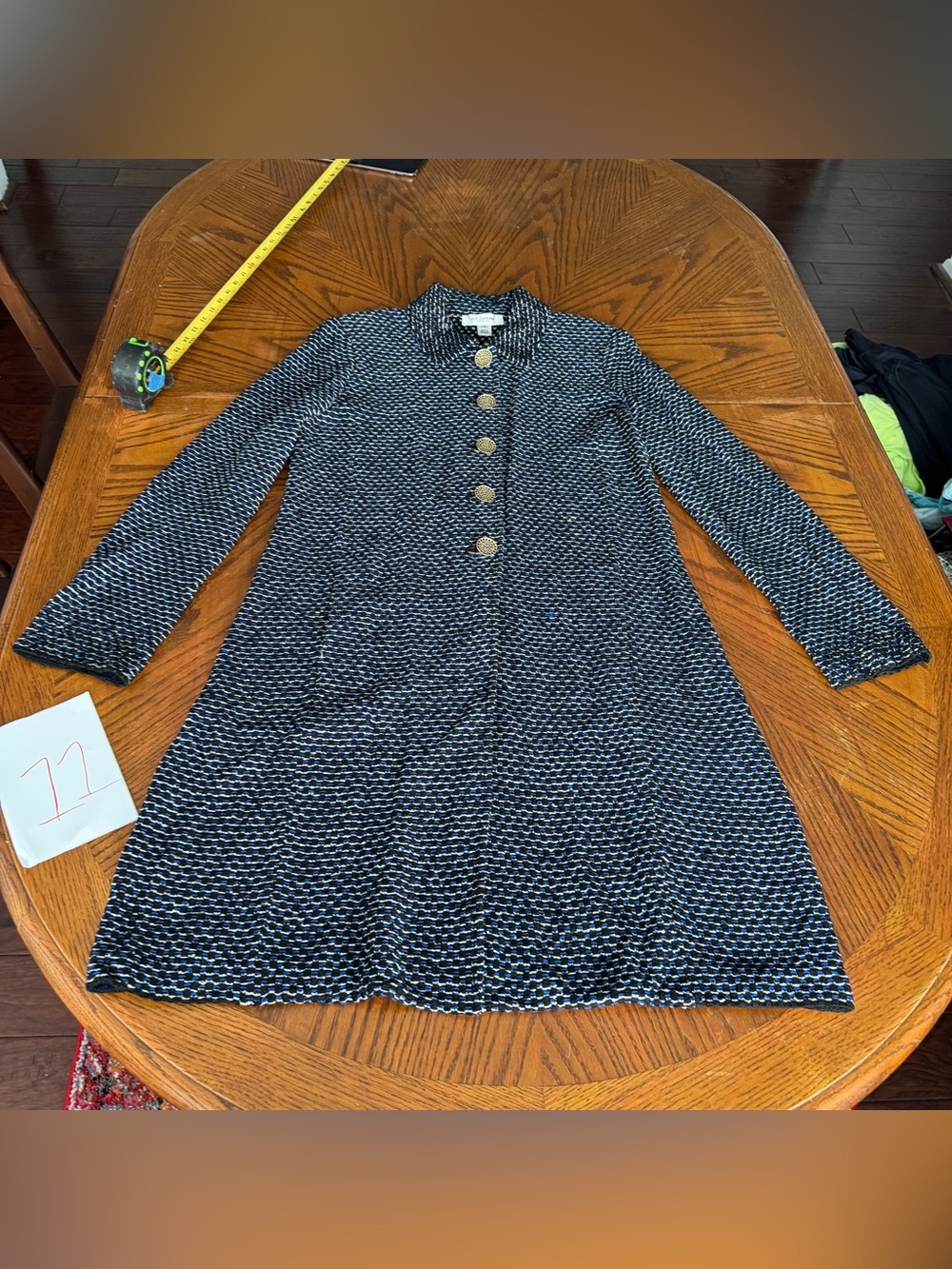 St.‎ John Knits Long Tweed Jacket Dress in black/Cream/blue